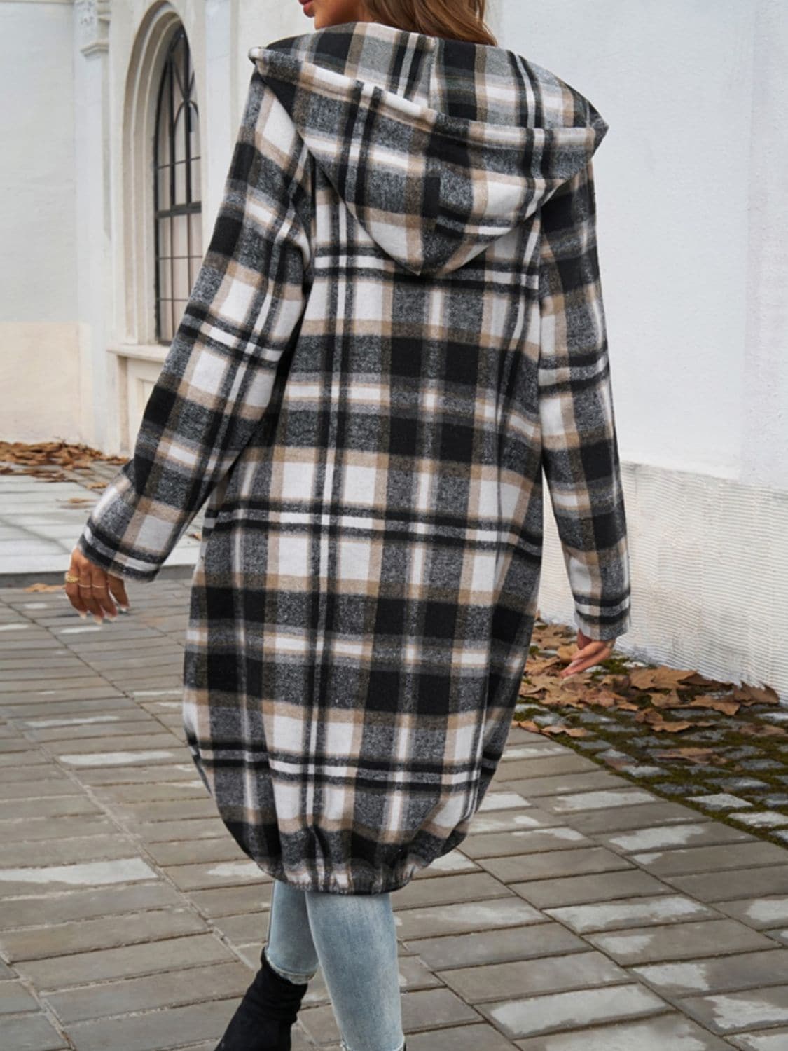 Plaid Zip Up Hooded Coat.