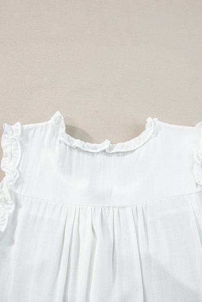 Chic white ruffled trim tank top with buttoned split neck