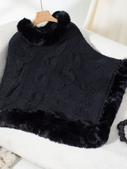 Cozy Cable-Knit Fuzzy Hem Poncho