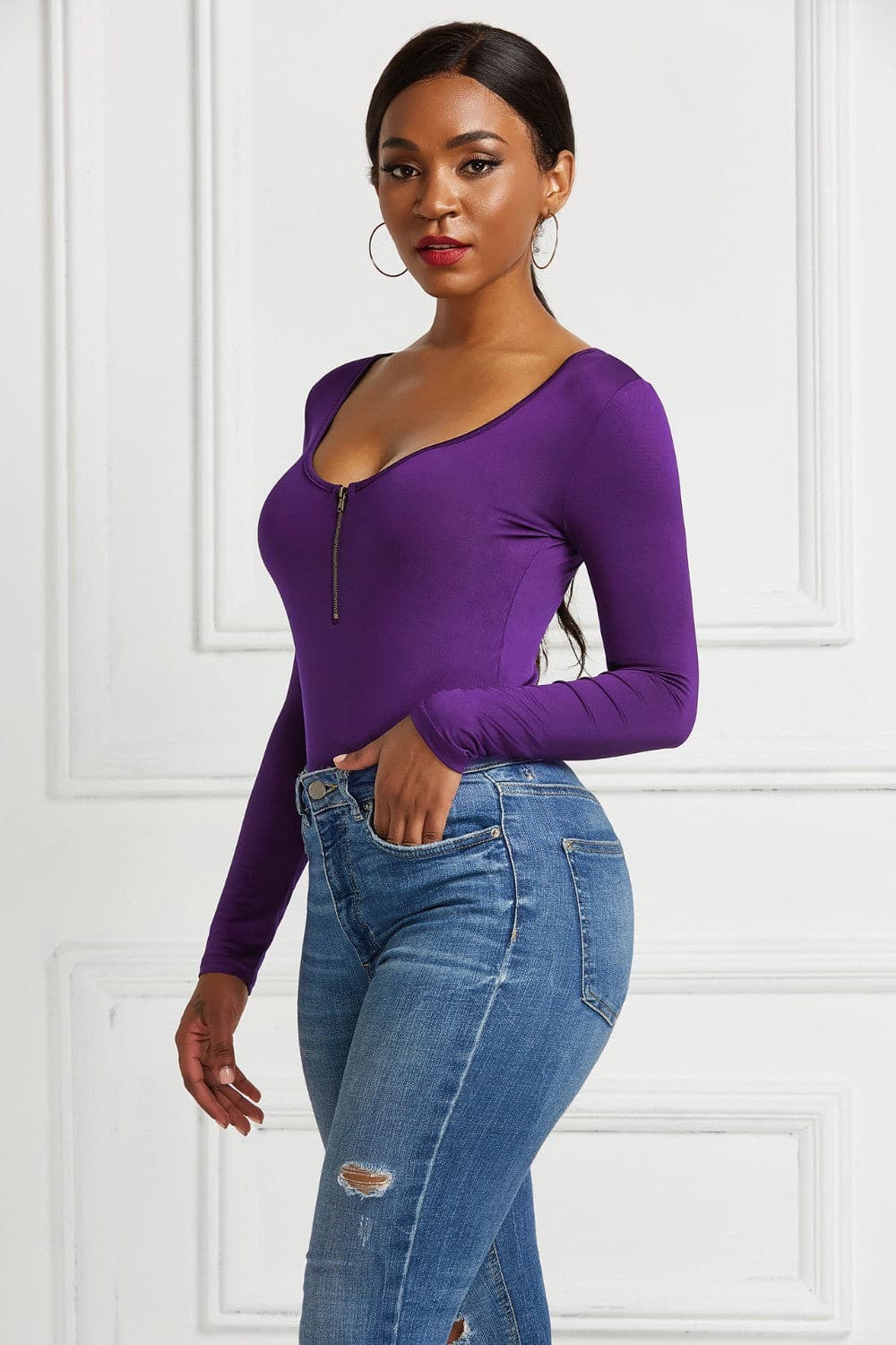 Half Zip Scoop Neck Long Sleeve Bodysuit.