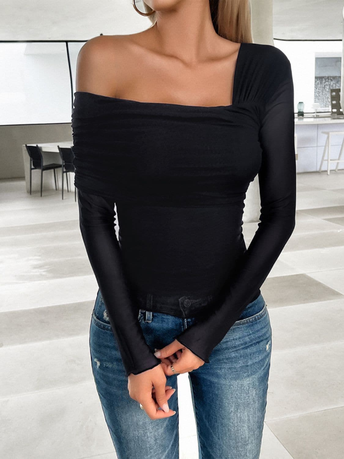 Ruched Asymmetrical Long Sleeve T-Shirt.