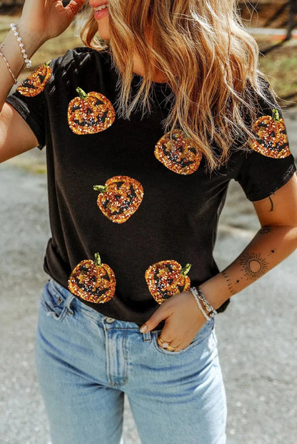 Sequin Pumpkin Round Neck Short Sleeve T-ShirtSequin Pumpkin Round Neck Short Sleeve T-Shirt

Elevate your casual wardrobe with the charming Sequin Pumpkin Round Neck Short Sleeve T-Shirt. This unique tee combinLove Salve Sequin Pumpkin Round Neck Short SleeveT-Shirts