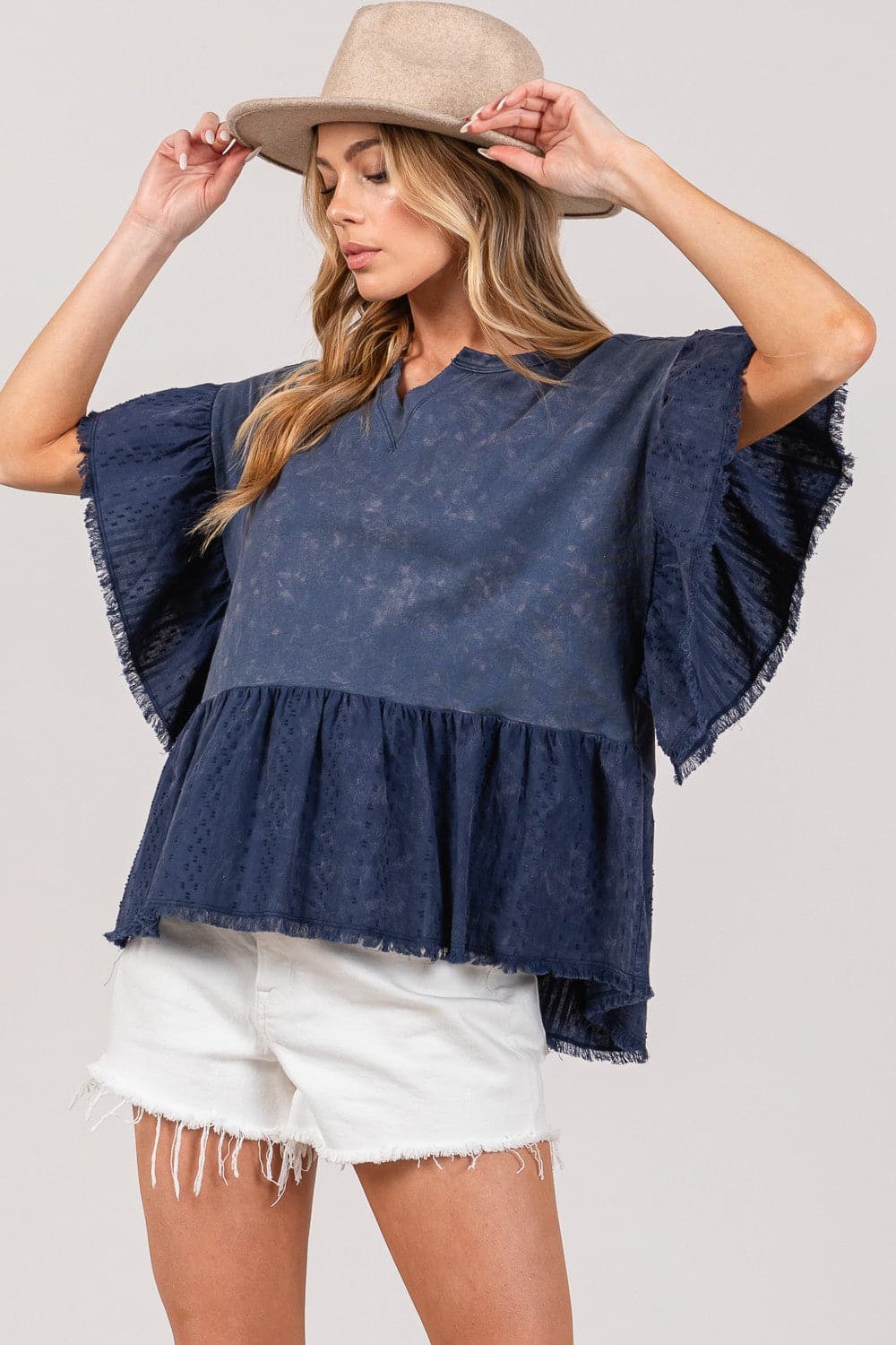 SAGE + FIG Ruffle Sleeve Washed Short Sleeve Blouse.