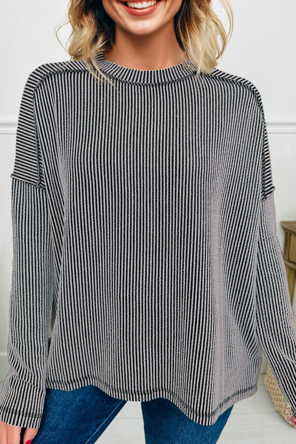 Black Twist Ribbed Exposed Seam Detail Long Sleeve Top