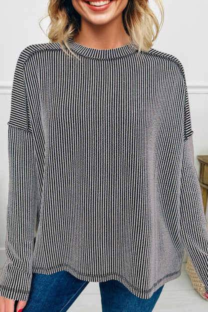 Black Twist Ribbed Exposed Seam Detail Long Sleeve Top