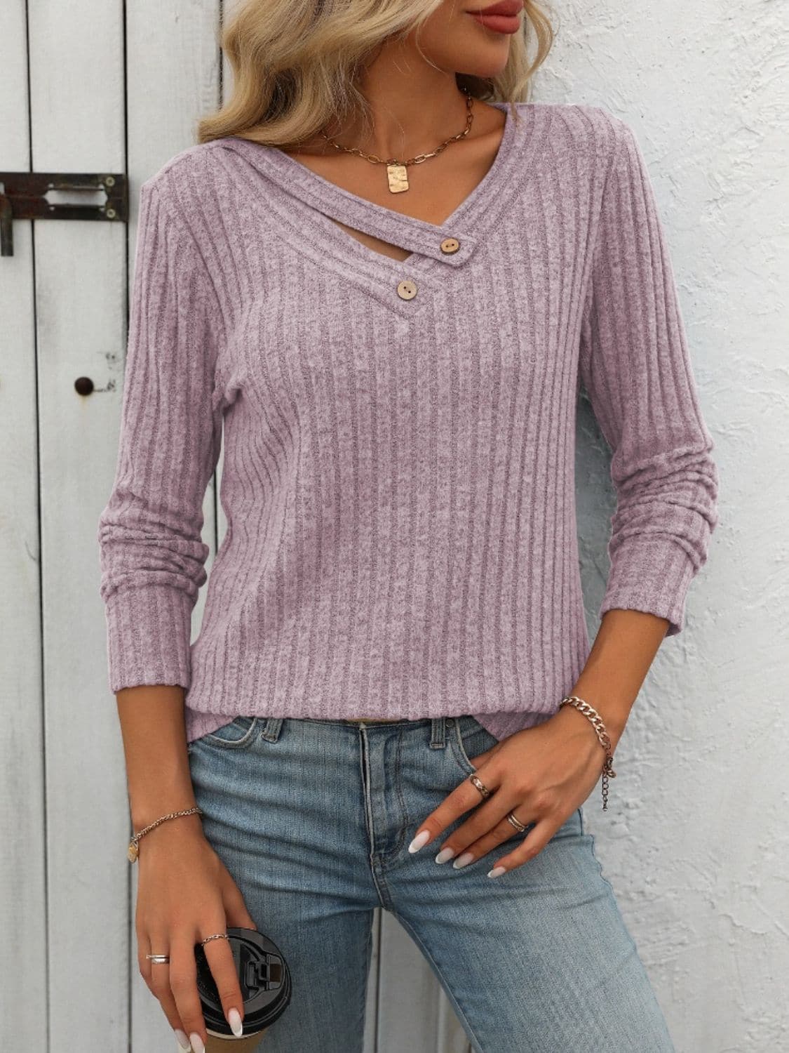 Ribbed V-Neck Long Sleeve T-Shirt.