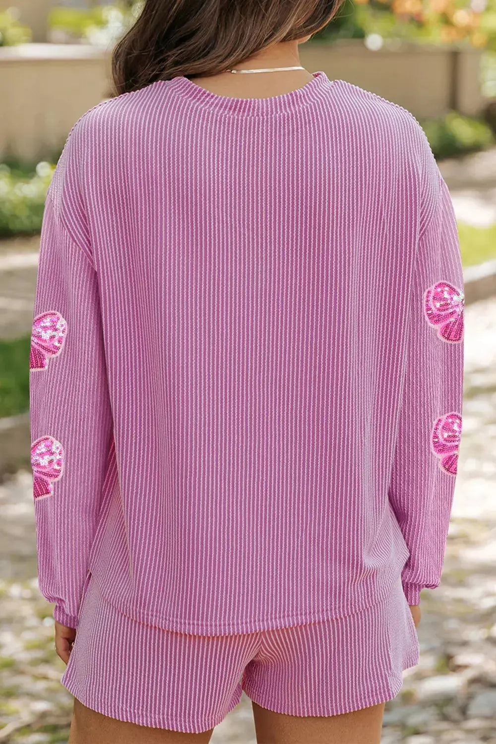 Corded Rib Sequin Bow Patched Long Sleeve Top and Shorts 2pcs Set Simply Love