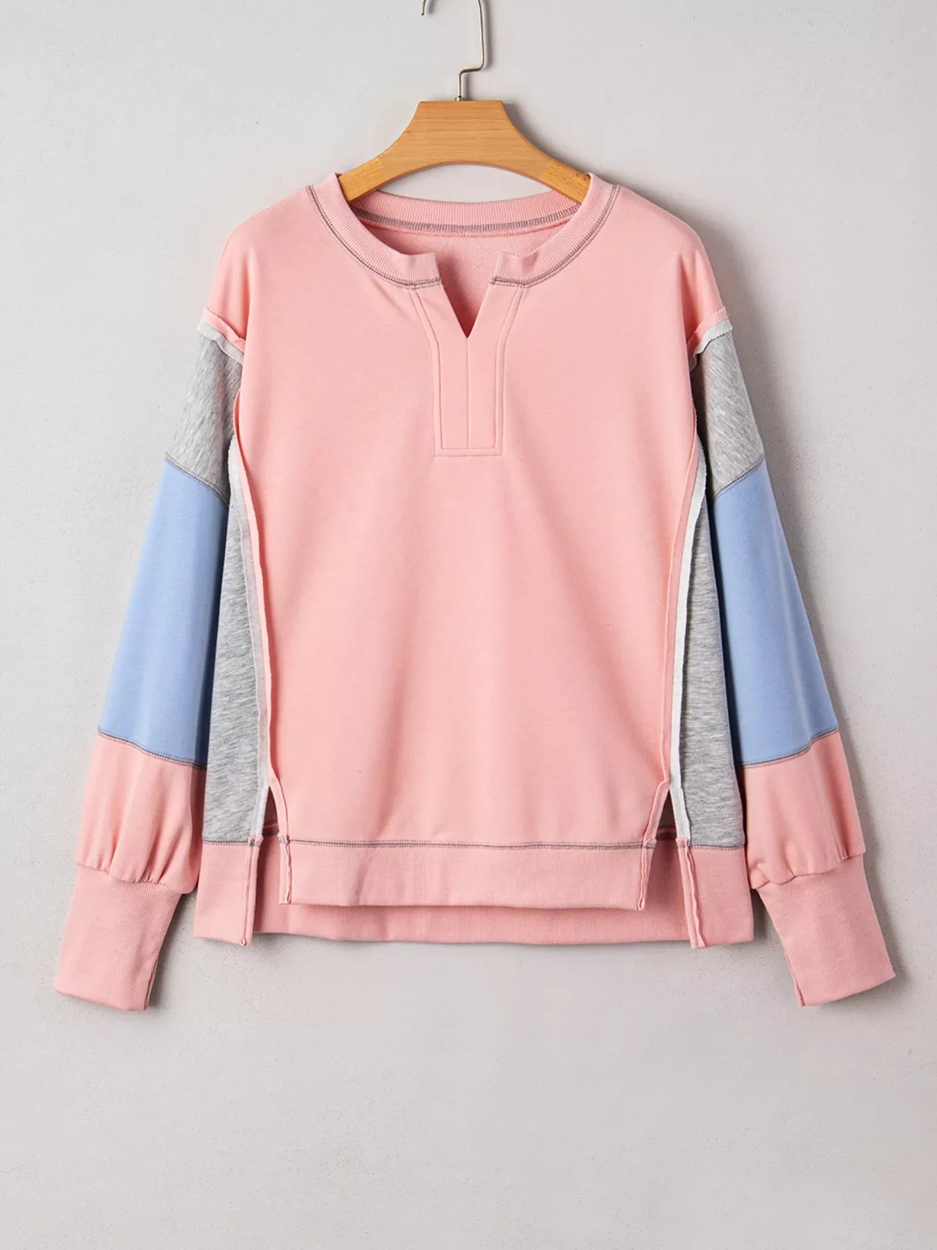 Exposed Seam Color Block Patchwork Slit Cuffs Oversize Sweatshirt Simply Love