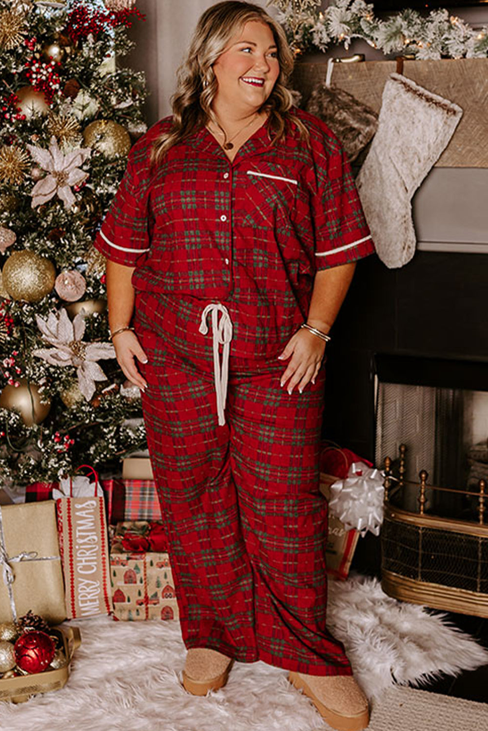 Red Plus Size Plaid Short Sleeve Shirt And Loose Pants Two Piece Pajama Set Cozy Sleepwear For Nighttime Comfort Dear-Lover Dropshipping