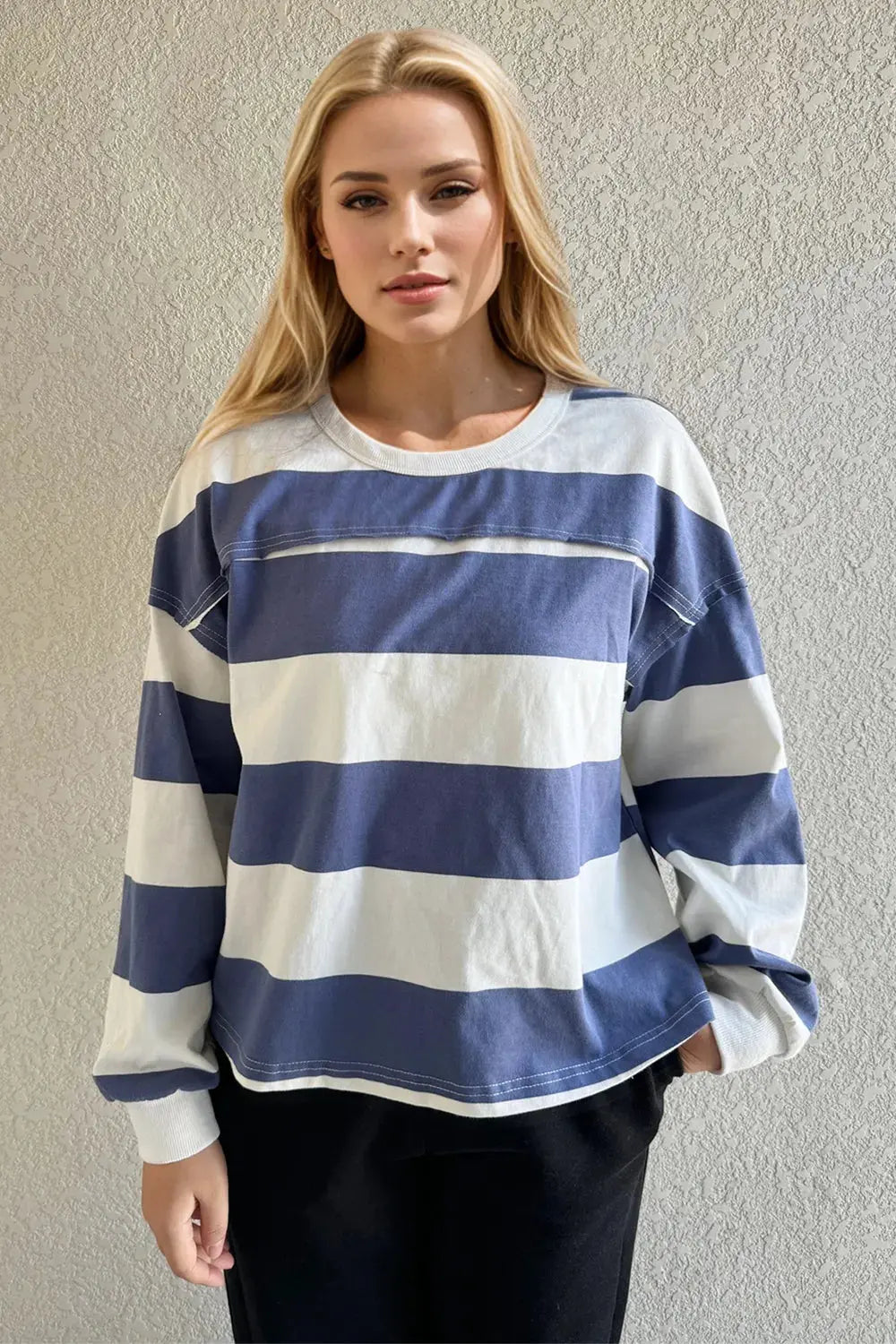 Oh Pima Cotton Wash Exposed Seam Contrast Striped Round Neck Long Sleeve T-Shirt - Love Salve