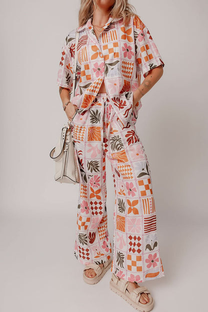 Trendy Orange Checkered Print Collared Shirt and Relaxed Wide Leg Pants Ensemble