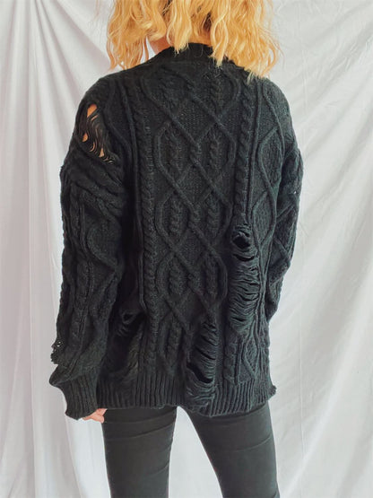 Chic distressed cable-knit long sleeve sweater