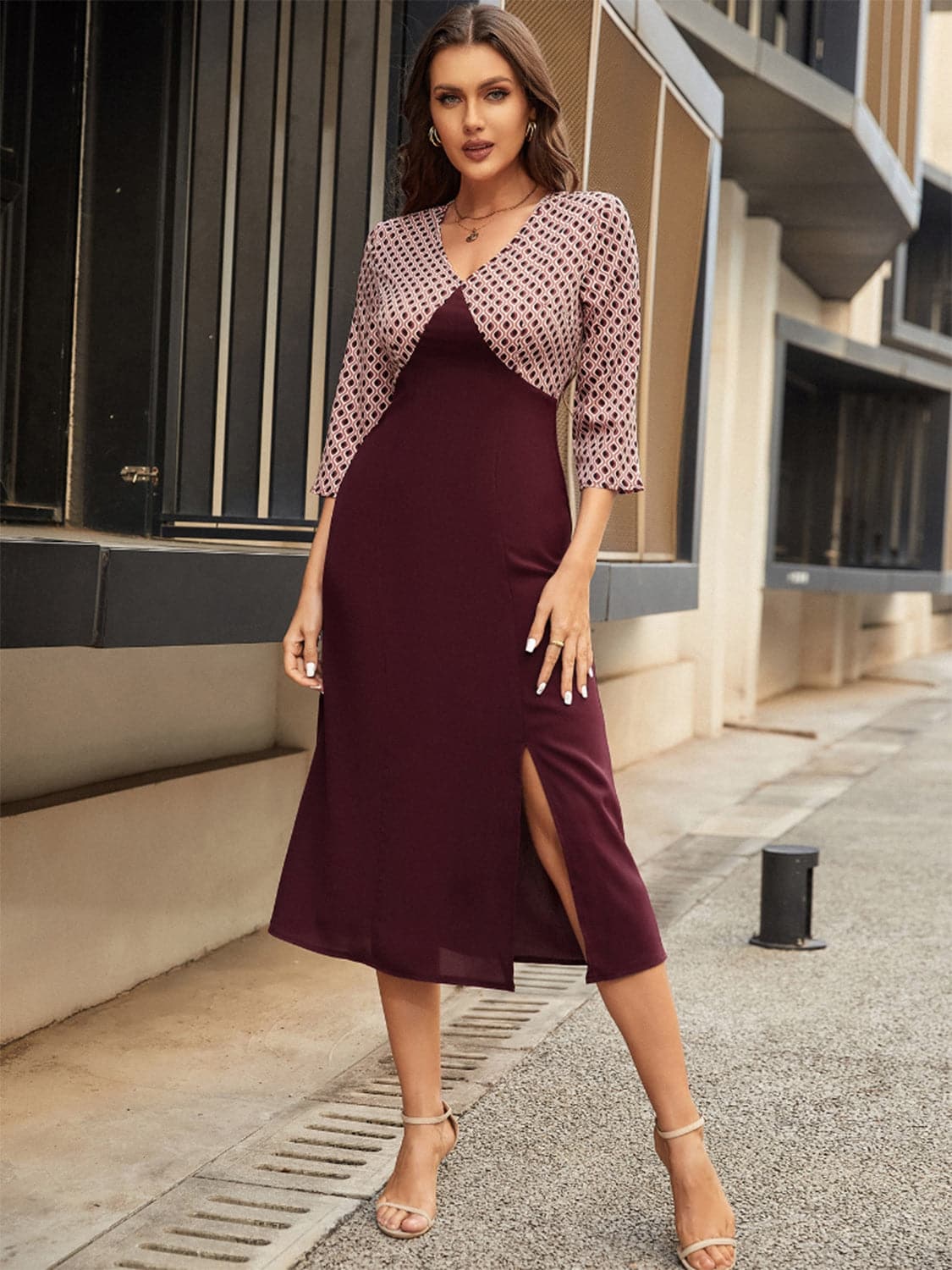 Slit V-Neck Three-Quarter Sleeve Midi Dress.