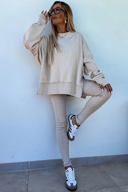 Premium Jet Stream Oversize Slit Sweatshirt Ribbed Leggings 2pc Set