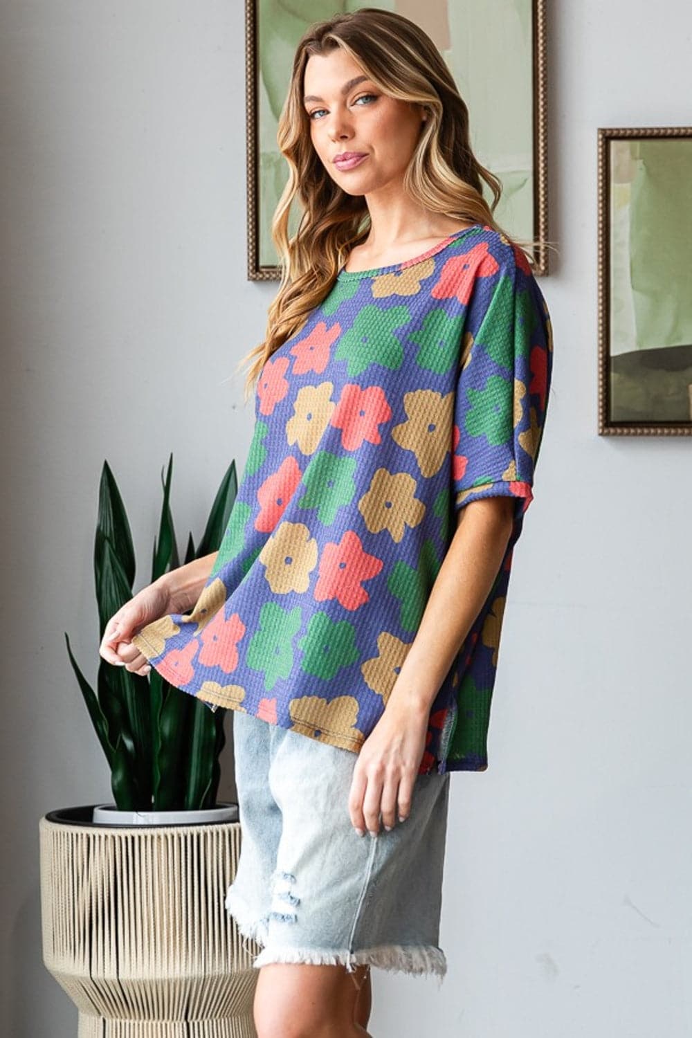 HOPELY Full Size Floral Round Neck Side Slit T-Shirt.