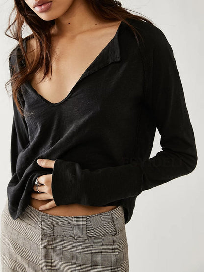 Notched sheer long sleeve tee