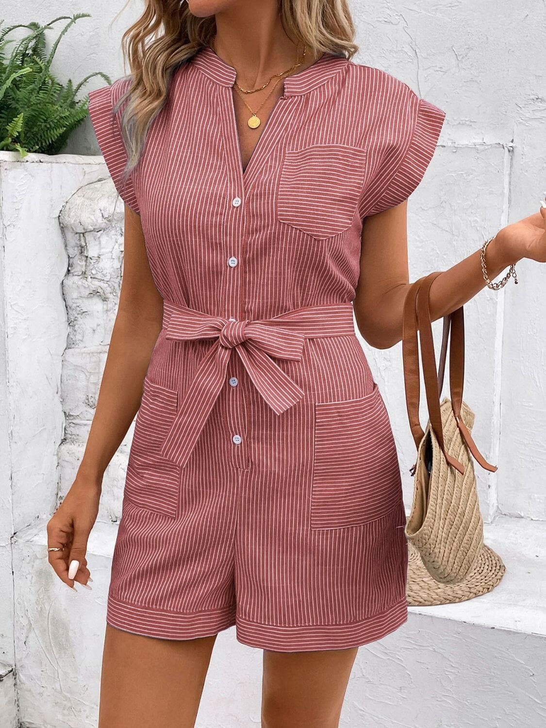 Striped Notched Tie Waist Romper.