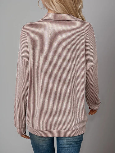 Double Take Striped Half Zip Long Sleeve T-Shirt