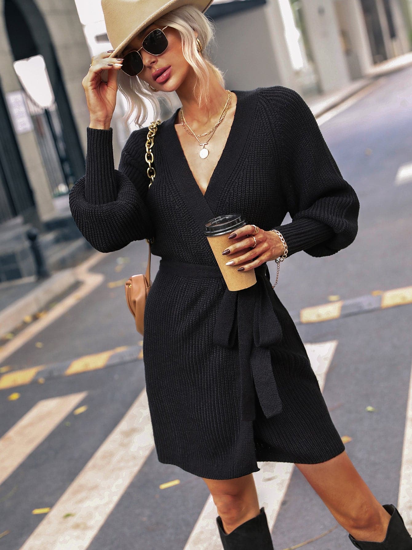 Belted Surplice Lantern Sleeve Wrap Sweater Dress.