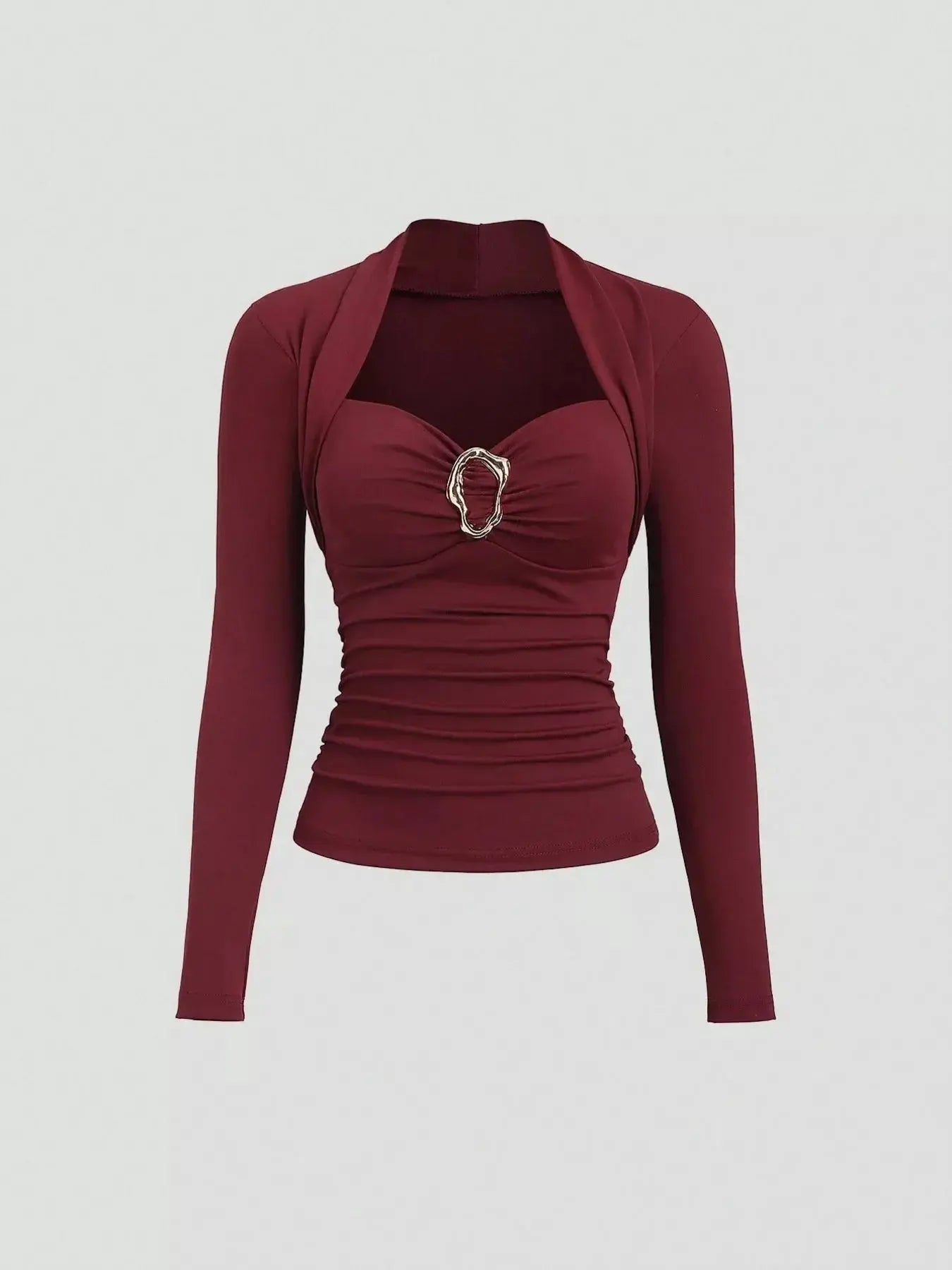 Elegant Ruched Long Sleeve Top with Buckle Detail Simply Love