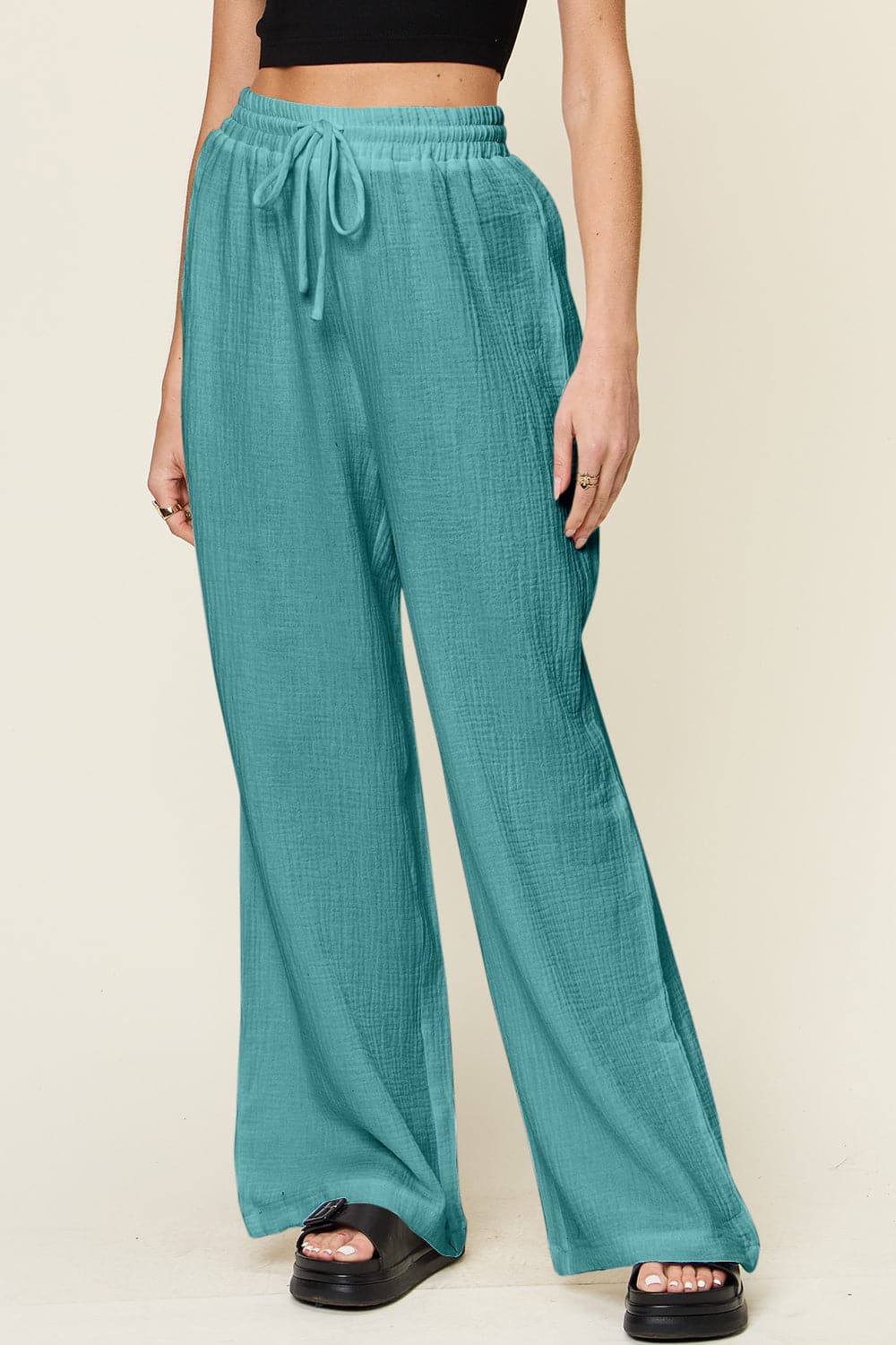 Double Take Full Size Texture Drawstring Wide Leg Pants.