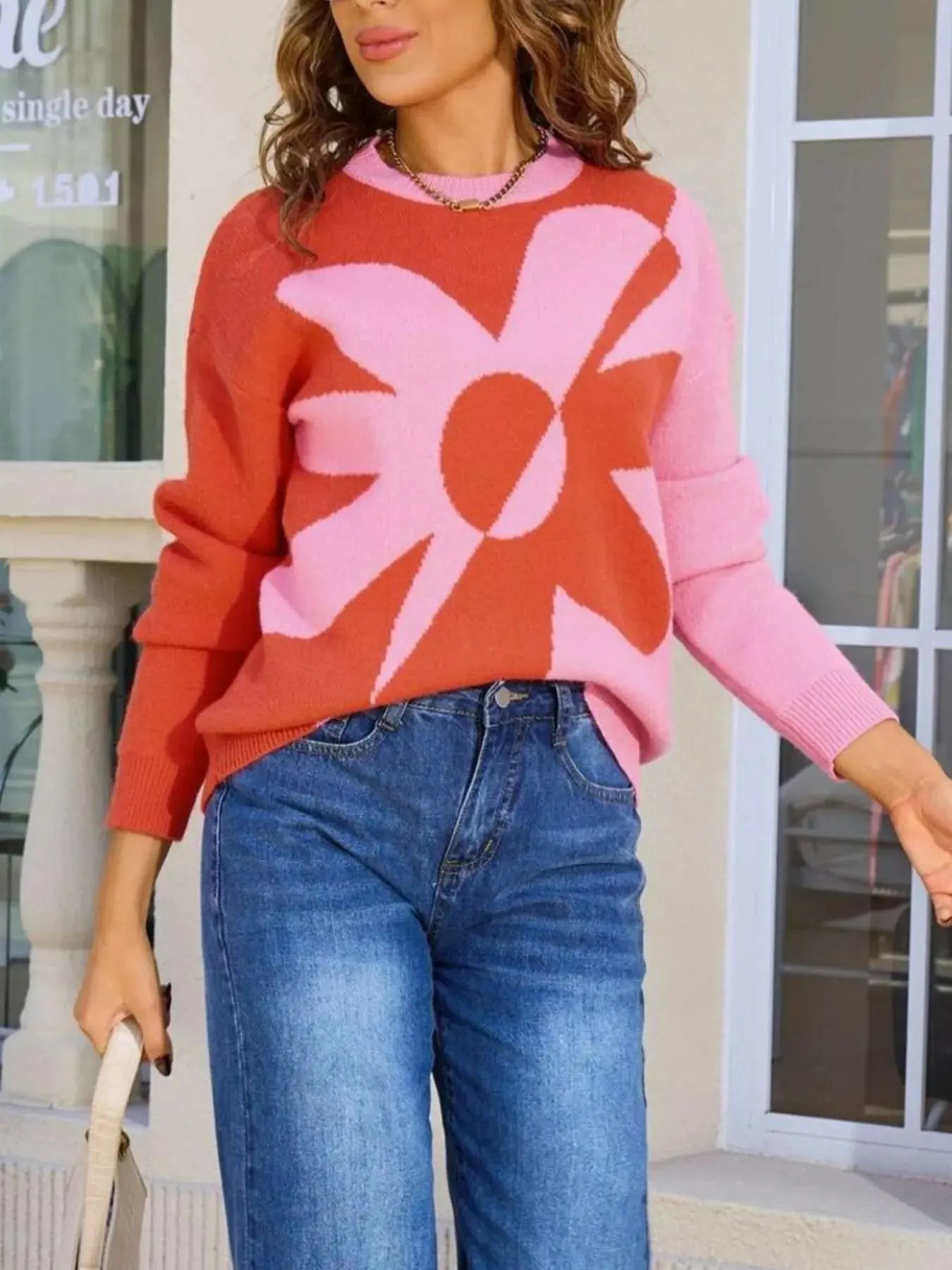 Floral Pattern Color Block Sweater Simply Love