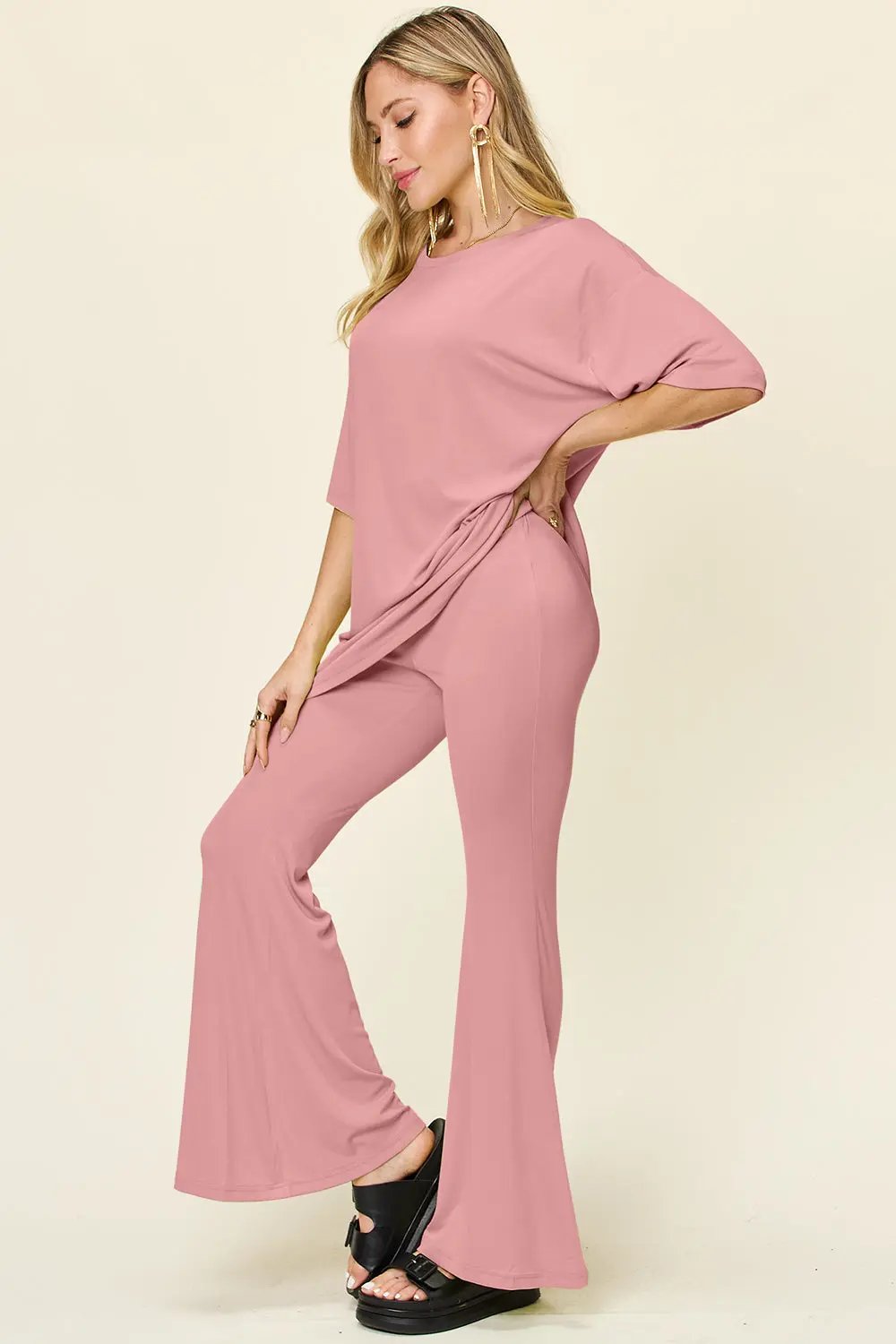 Double Take Full Size Round Neck Drop Shoulder T-Shirt and Flare Pants Set - Love Salve