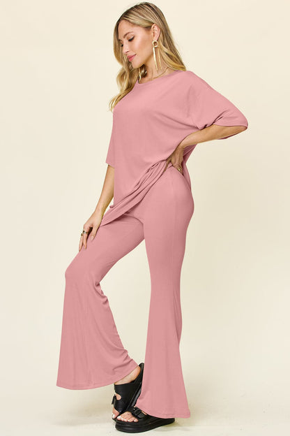 Double Take Full Size Round Neck Drop Shoulder T-Shirt and Flare Pants Set.