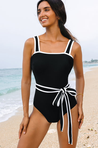 Sleek Black Colorblock Belted One-Piece Swimsuit