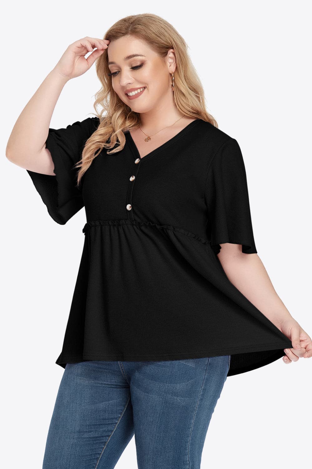 Plus Size Buttoned V-Neck Frill Trim Babydoll Blouse.