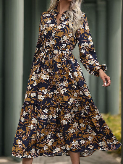 Chic Perfee notched long sleeve midi dress with printed design