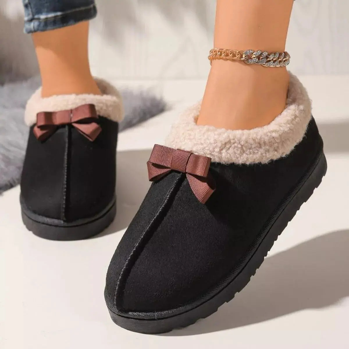 Cozy Bowknot Plush Lined Slip-Ons Simply Love