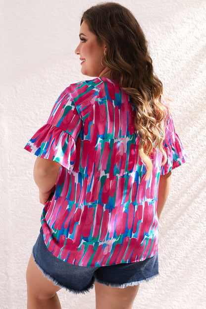 Chic rose plus brushstroke ruffle sleeve v-neck blouse with button detail