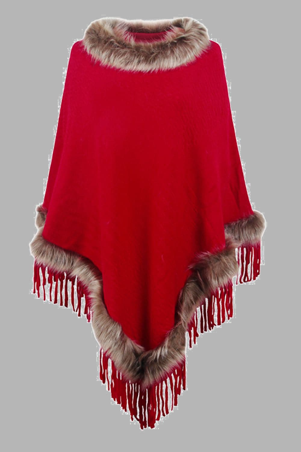 Faux Fur Trim Fringed Poncho.