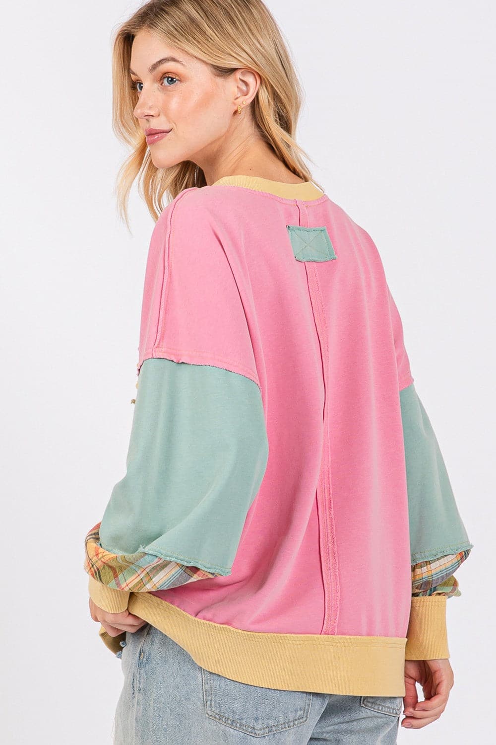 SAGE + FIG Mineral Wash Raw Edge Color Block Sweatshirt.