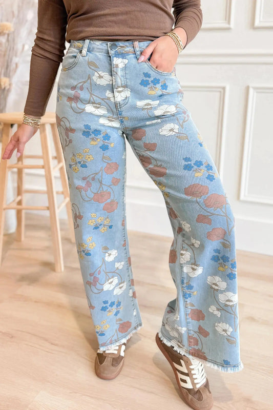 Sky Blue Floral Printed Raw Hem Shift Jeans for Women Dear-Lover Dropshipping