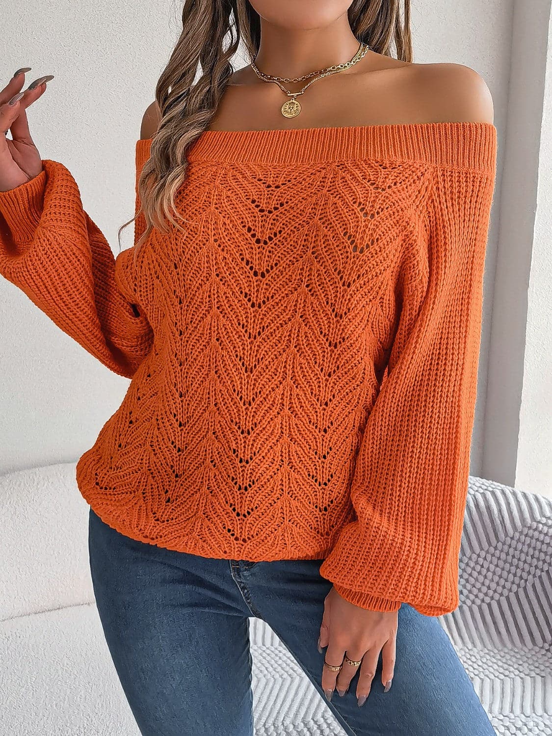 Openwork Off-Shoulder Long Sleeve Sweater.