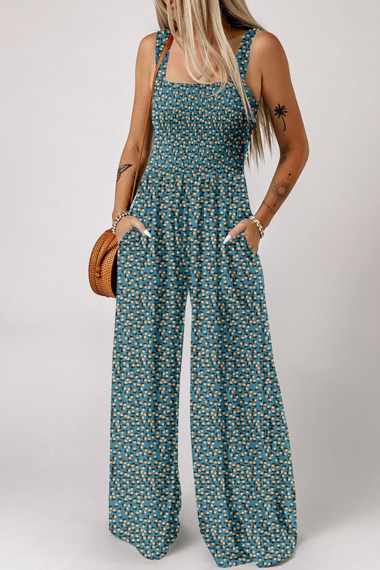 Green Floral Print Smocked High Waist Square Neck Jumpsuit Love Salve