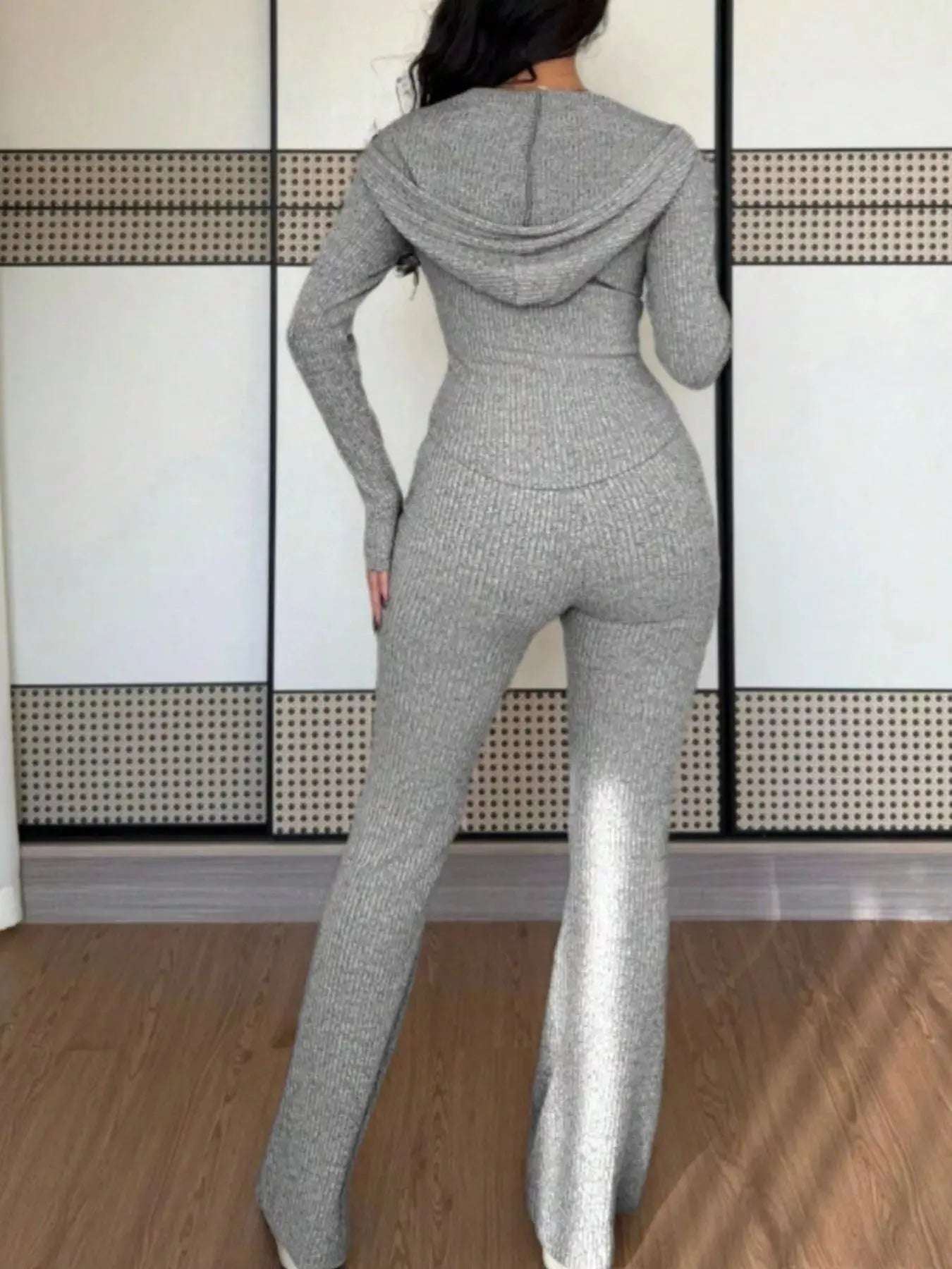 Grey Ribbed Knit Zip Up Hooded Top And Pants Set For Women Simply Love