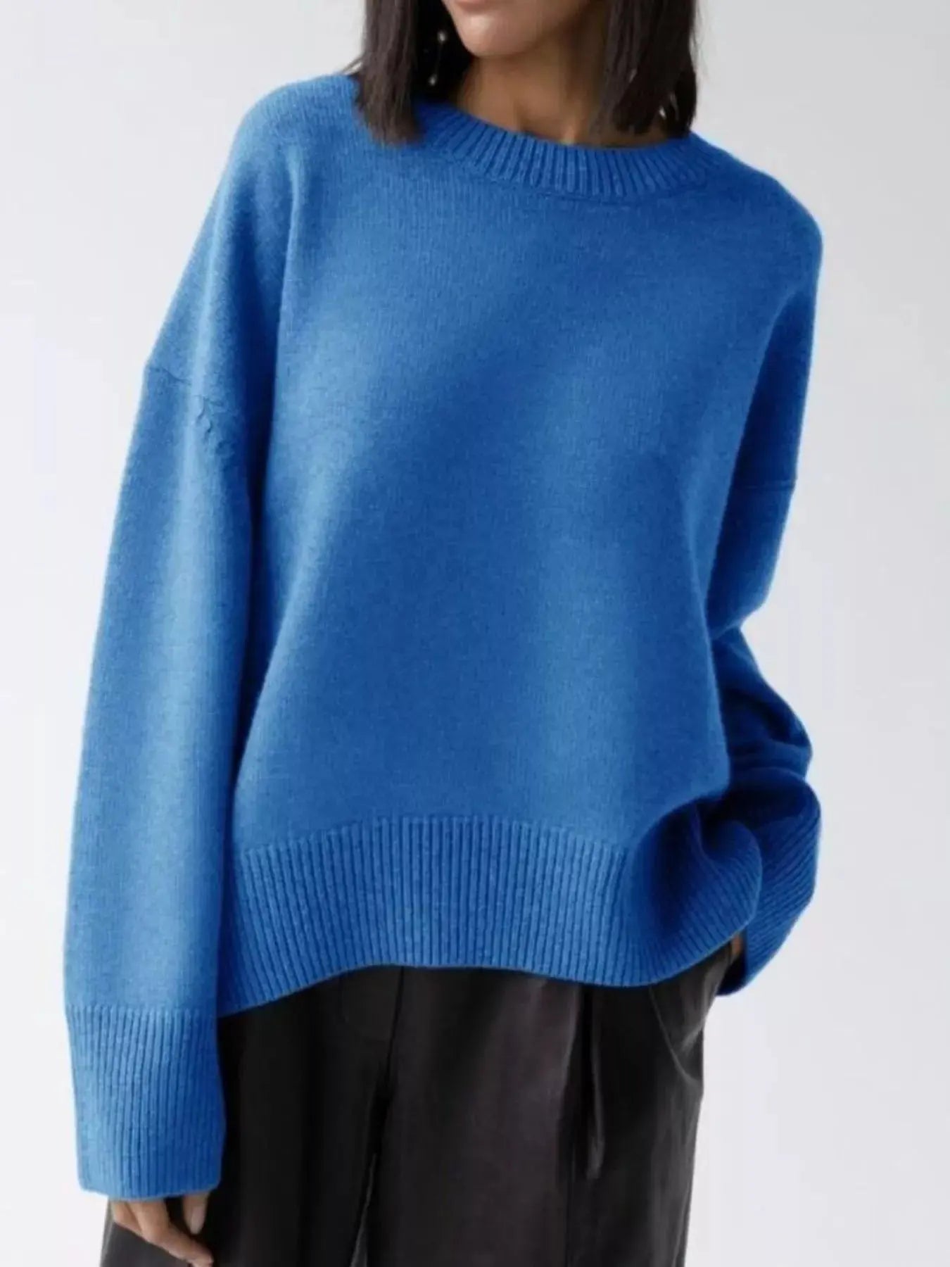Ribbed Hem Round Neck Sweater Simply Love