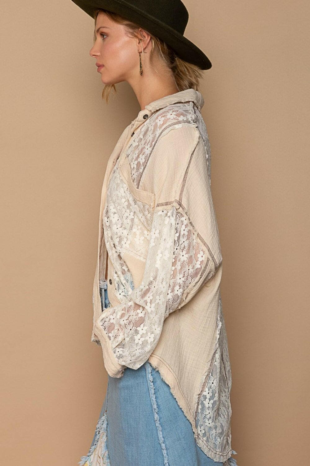 POL Oversize Lace Button-Down Shirt.