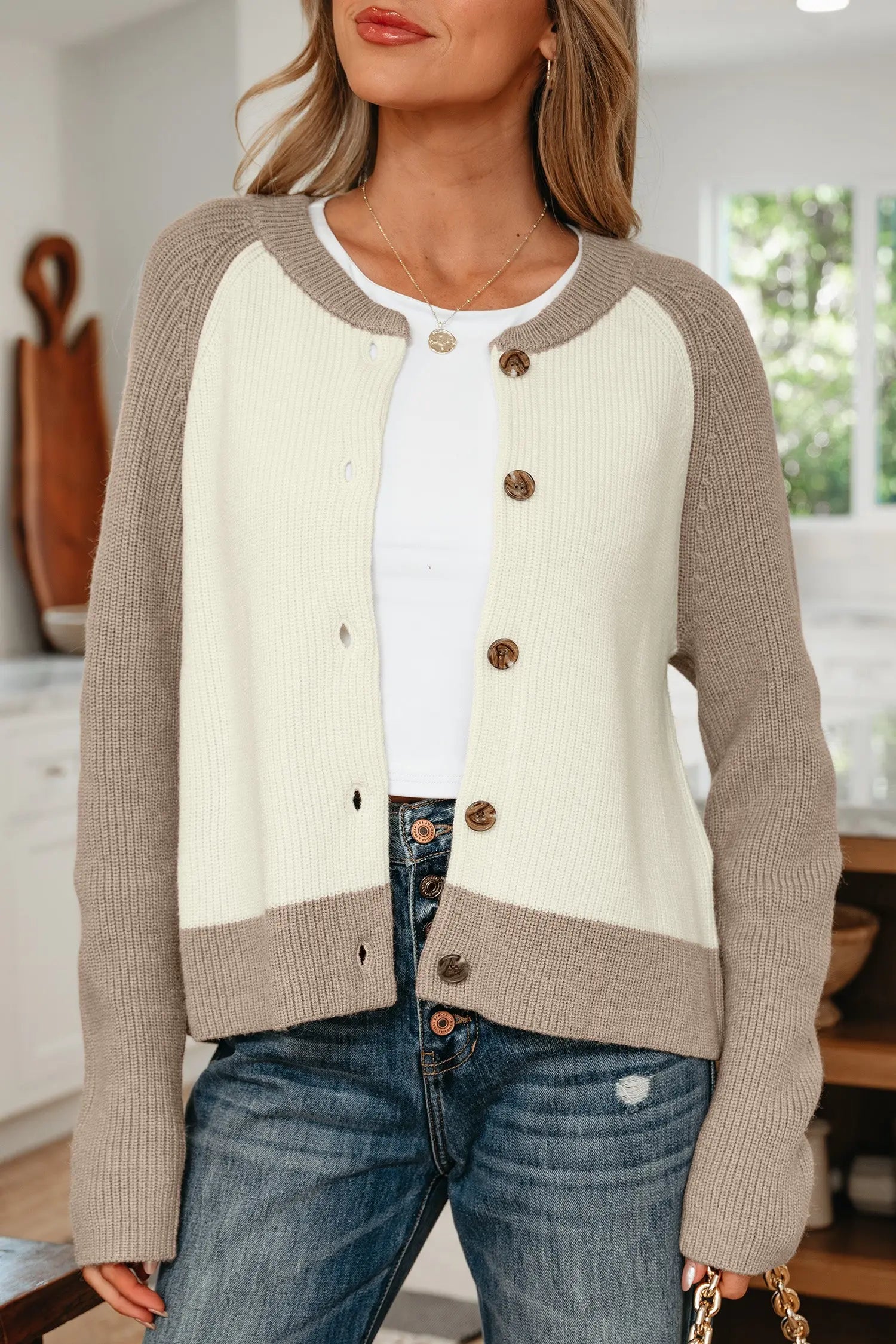 White Color Block Ribbed Knit Button Down Cardigan Sweater For Women Dear-Lover Dropshipping