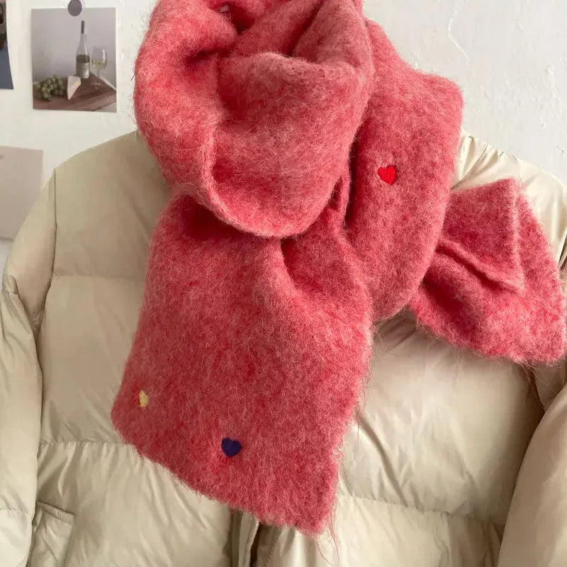 Heart-Embellished Fuzzy Knit Scarf Simply Love