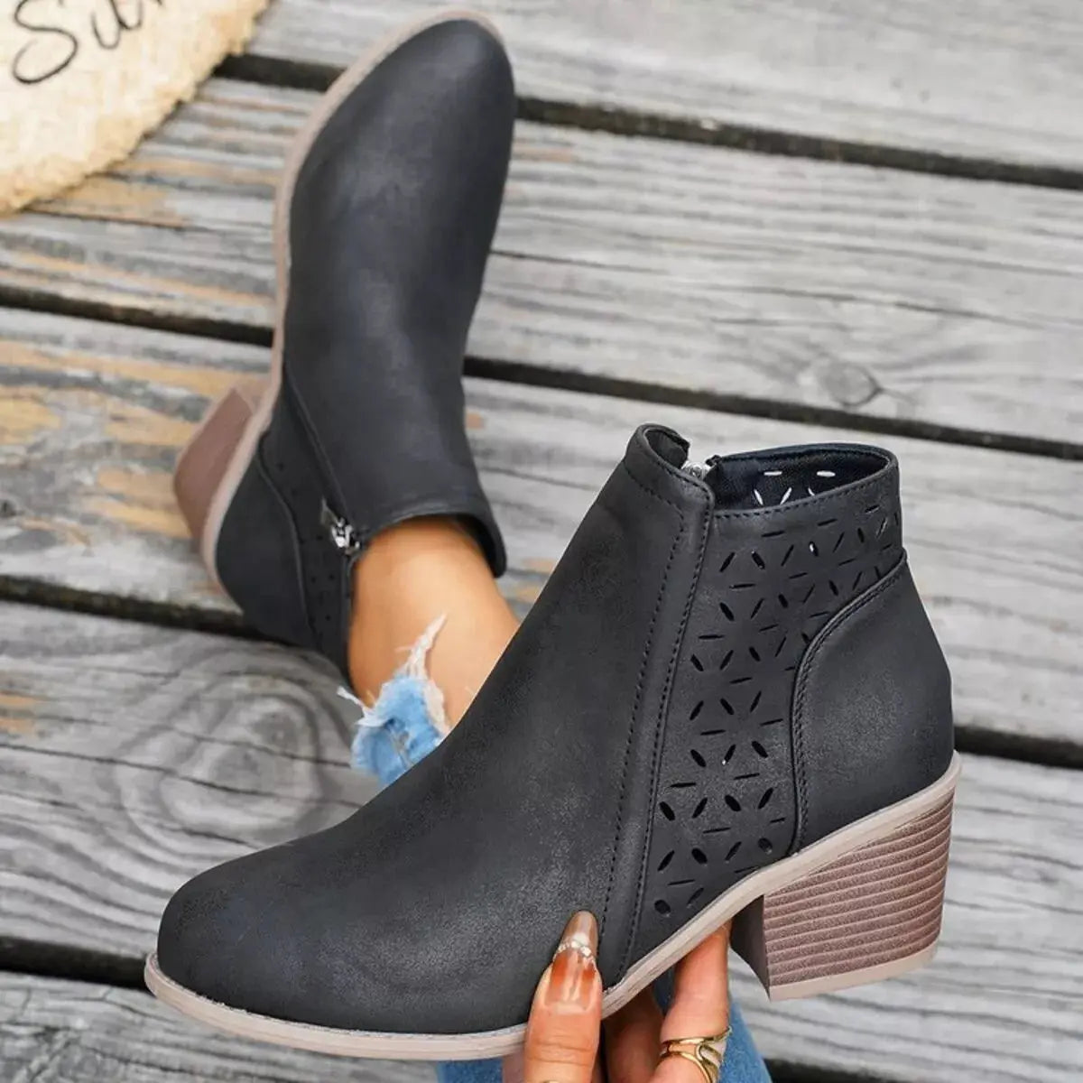Block Heel Ankle Boots with Cutout Detail Simply Love