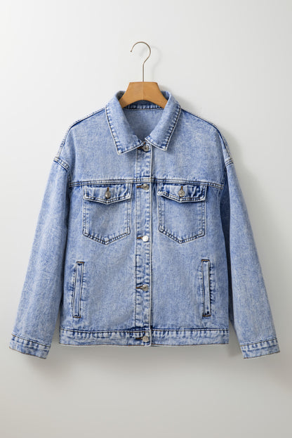 Beau Blue Vintage Washed Flap Pockets Denim Jacket