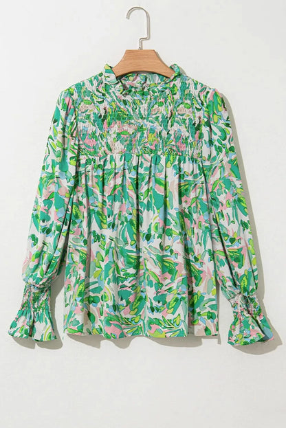 Frilled Floral Mock Neck Flounce Sleeve Top