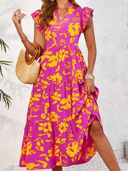 Chic Floral Midi Dress with Ruffles for Effortless Elegance