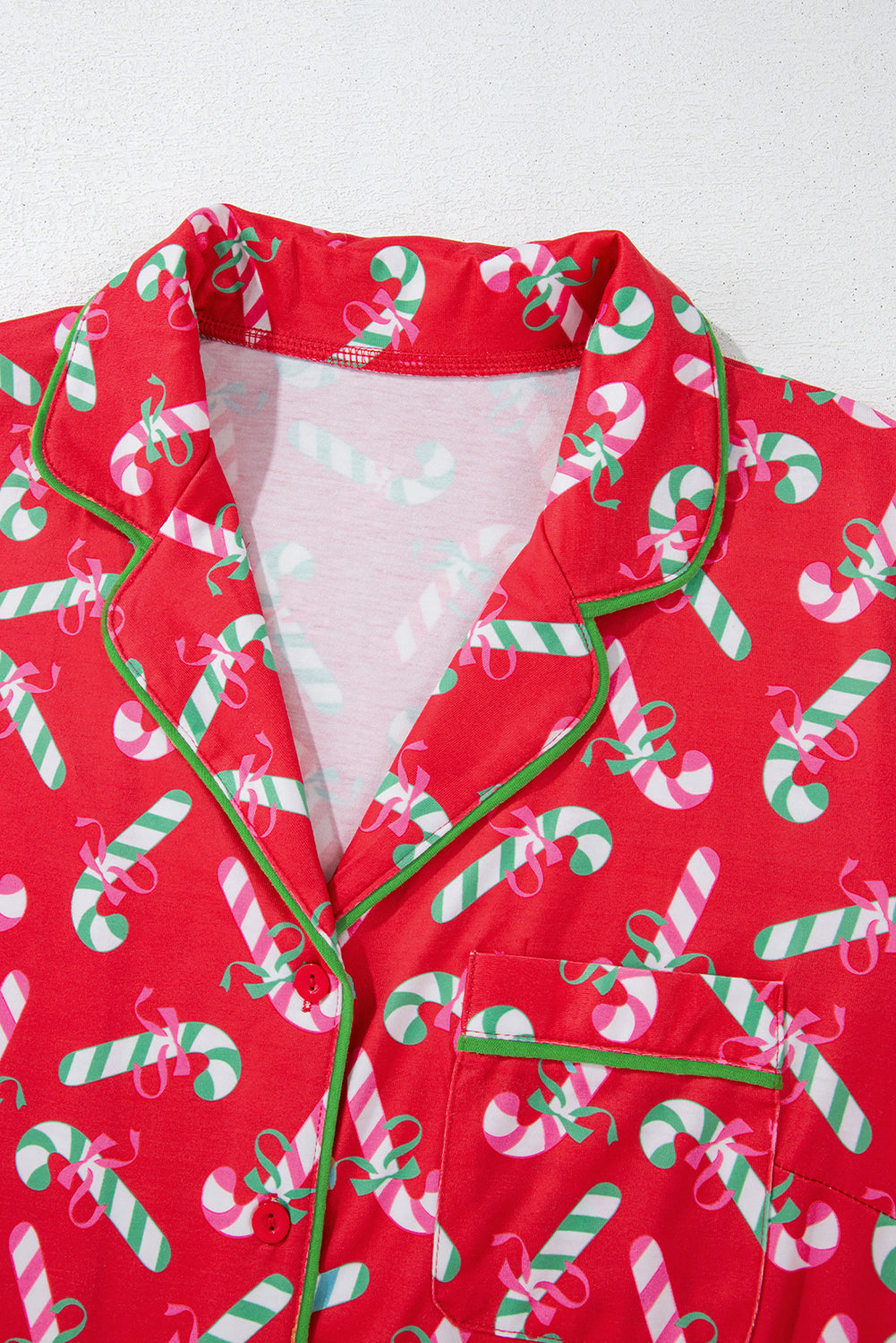 Festive Red Candy Cane Pocketed Pajama Set with Knotted Shorts