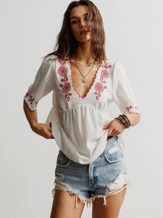 Embroidered Floral V-Neck Blouse Simply Love