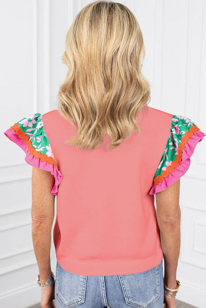 Peach bloom floral sleeve top with ricrac accents